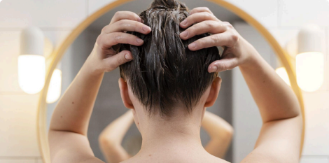 Femme en train d'appliquer un soin sur ses cheveux, vue de dos