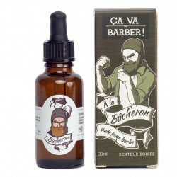 Huile pour barbe à la bucheron avec son packaging Ça va barber